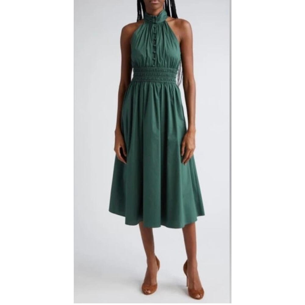 Veronica Beard Kinny Smocked Cotton Blend Midi Dress in Forest, Size 10 (New)